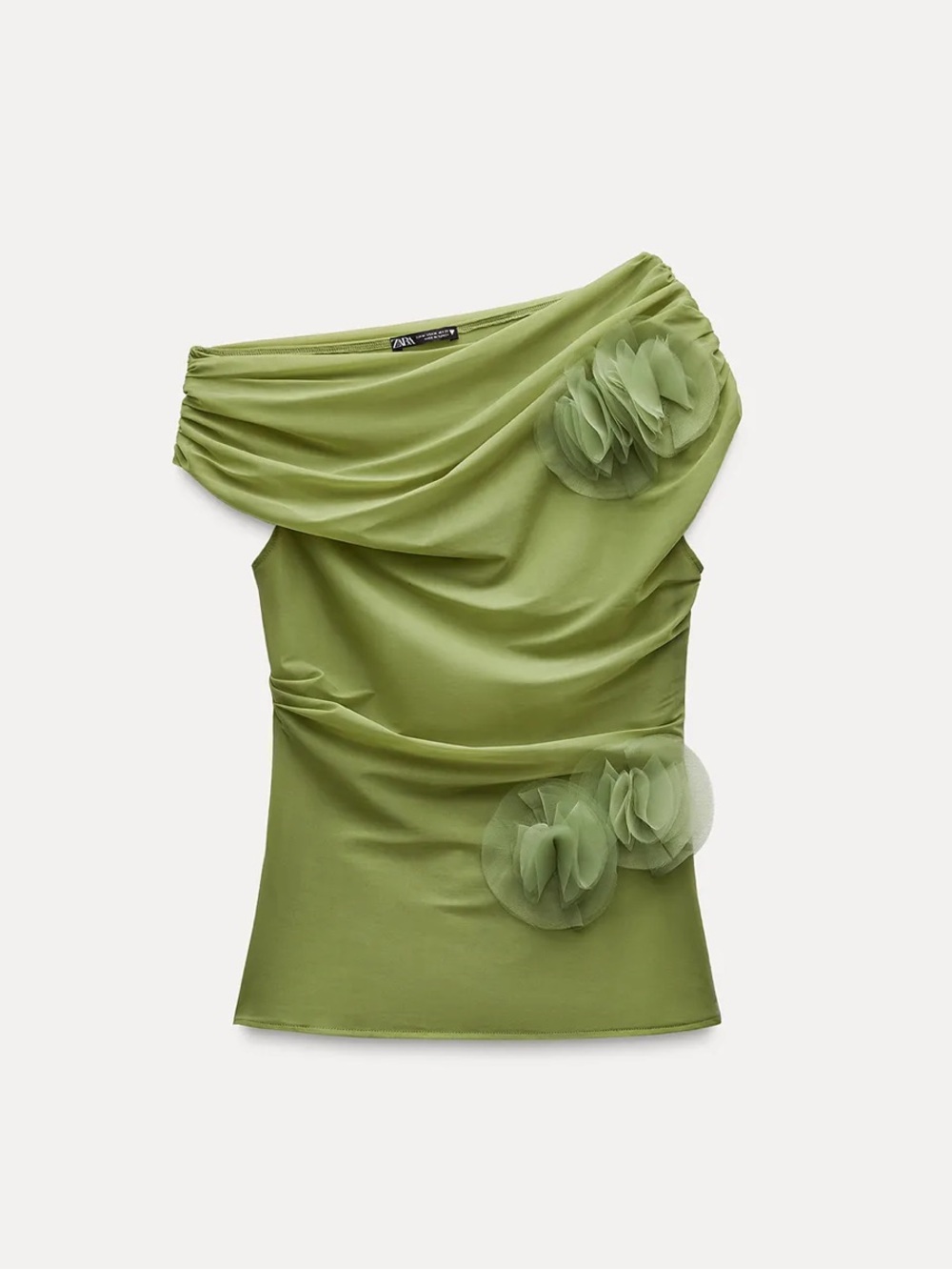 Zara Olive Green One-Shoulder Drape Camisole with Floral Appliqués